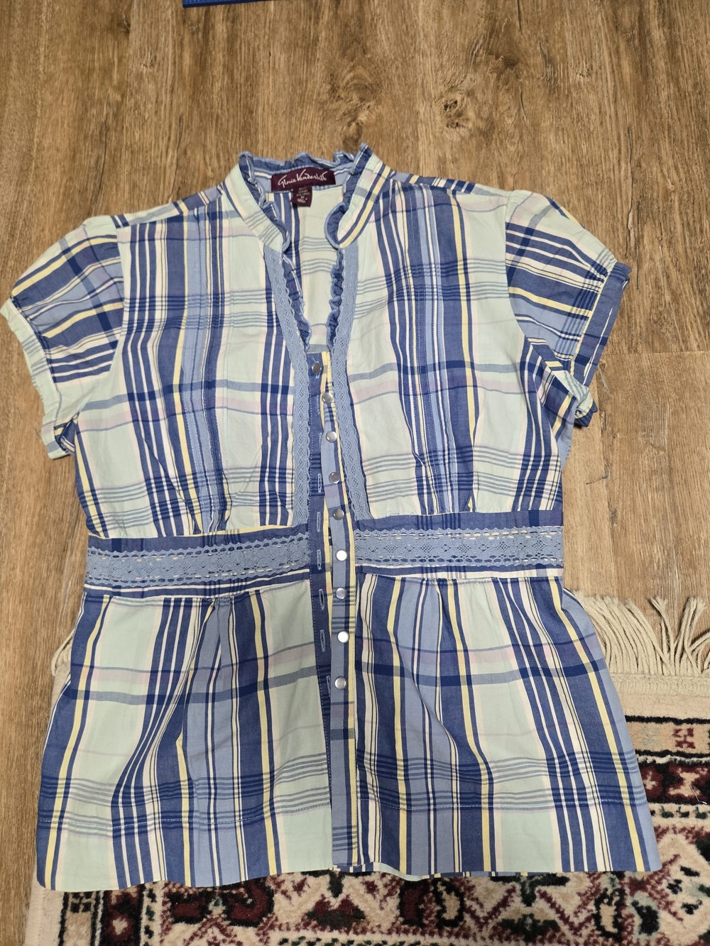 Gloria Vanderbilt Blue and Cream Plaid Lace-Trim Button Blouse